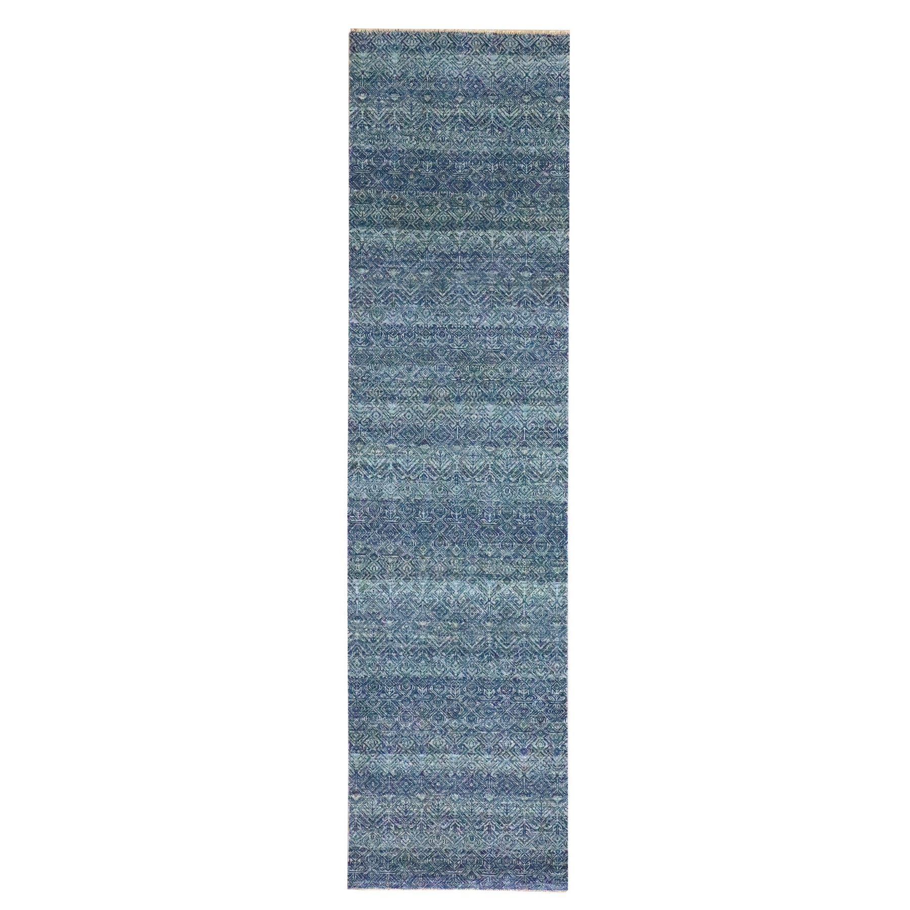 2'7"x10'2" Imperial Blue, Tone On Tone, Kohinoor Herat with Small Geometric Repetitive Diamond Design, Soft Wool, Hand Knotted, Runner, Oriental Rug 